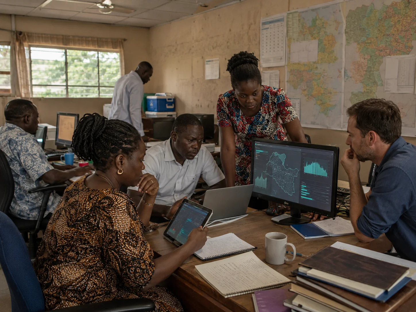 Team reviewing population genomic data on screens at an African public health office