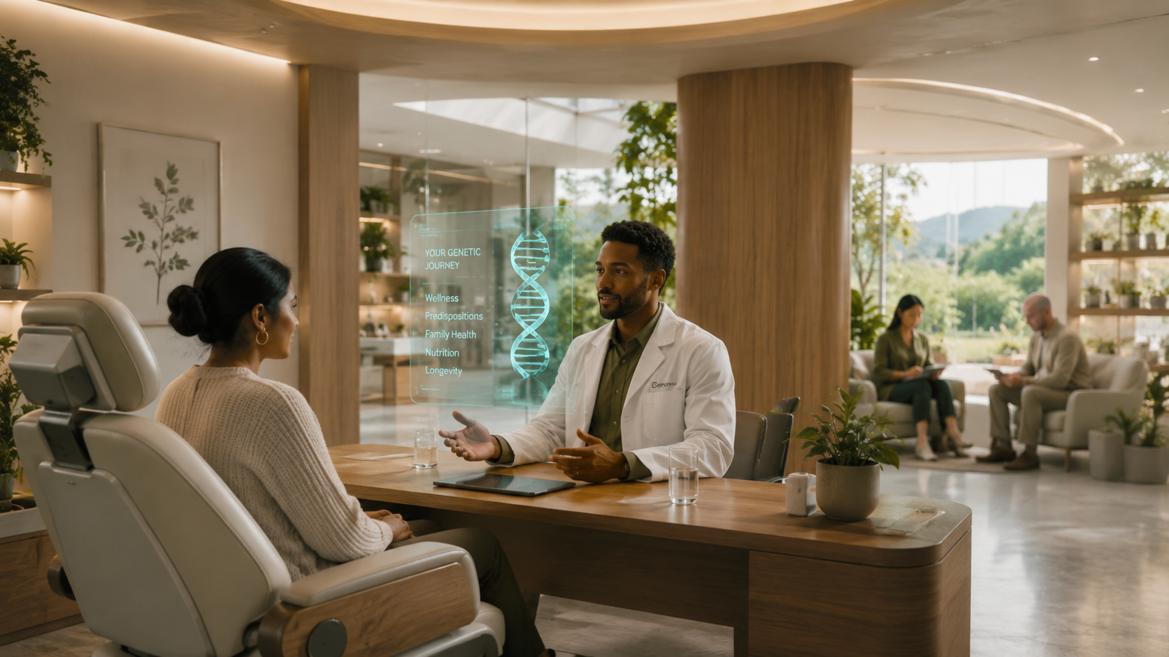 A doctor discussing genomic medicine results with a patient.