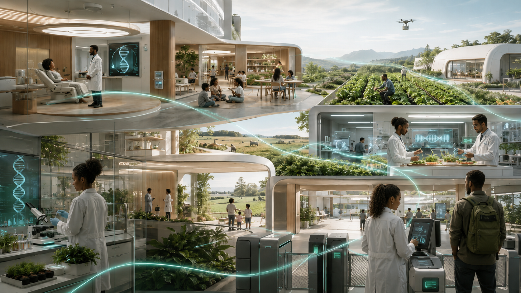 Four linked scenes of genomics in daily life—a clinic, a lab, a farm and a community space—connected by glowing DNA.