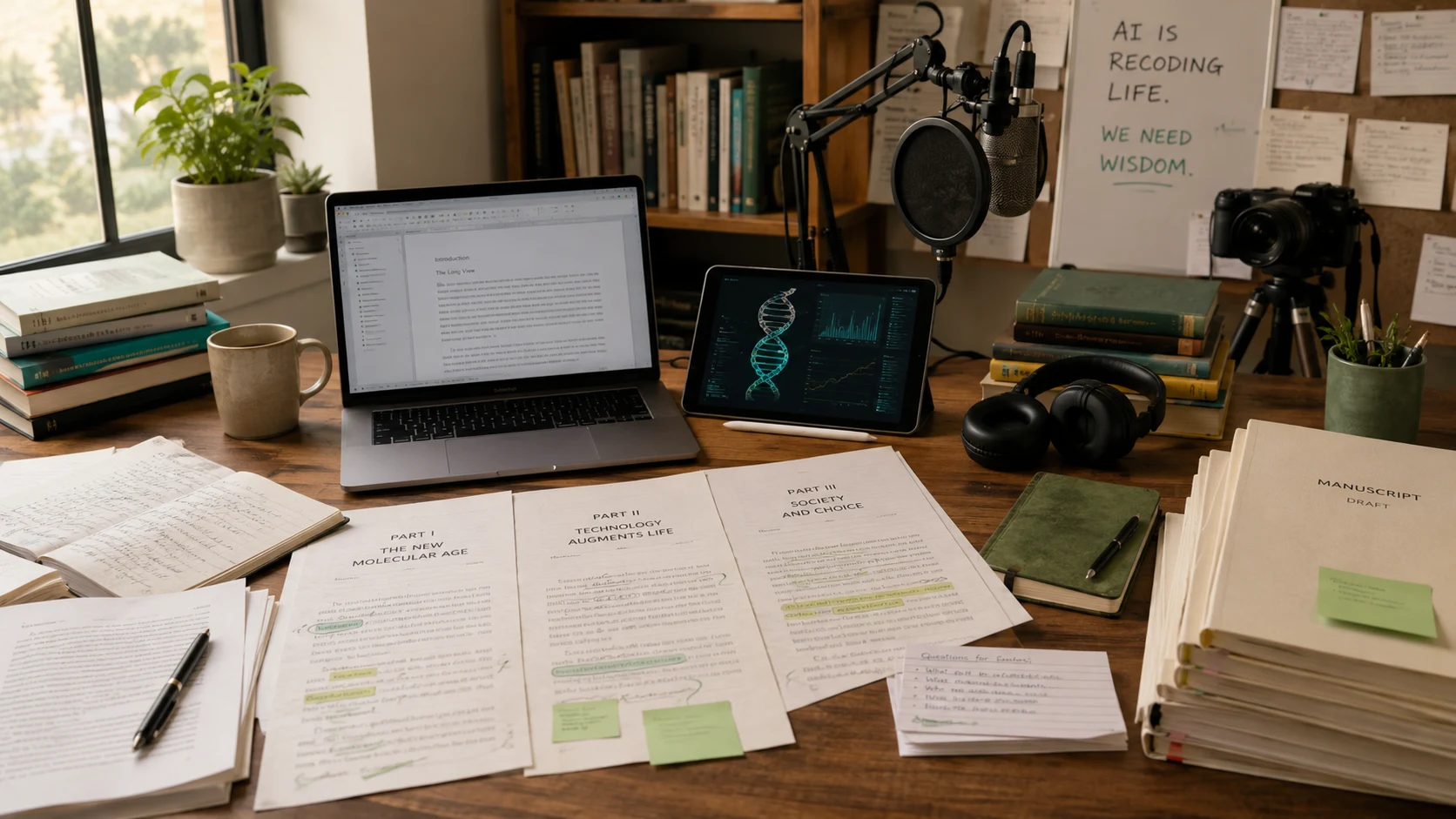 An open genomics manuscript and reference books on a writer's desk.