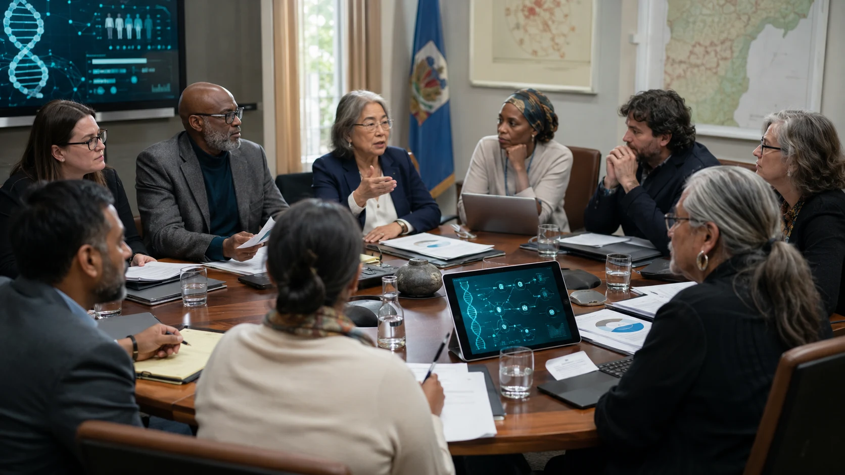 Policymakers in a meeting discussing genomics governance and regulation.