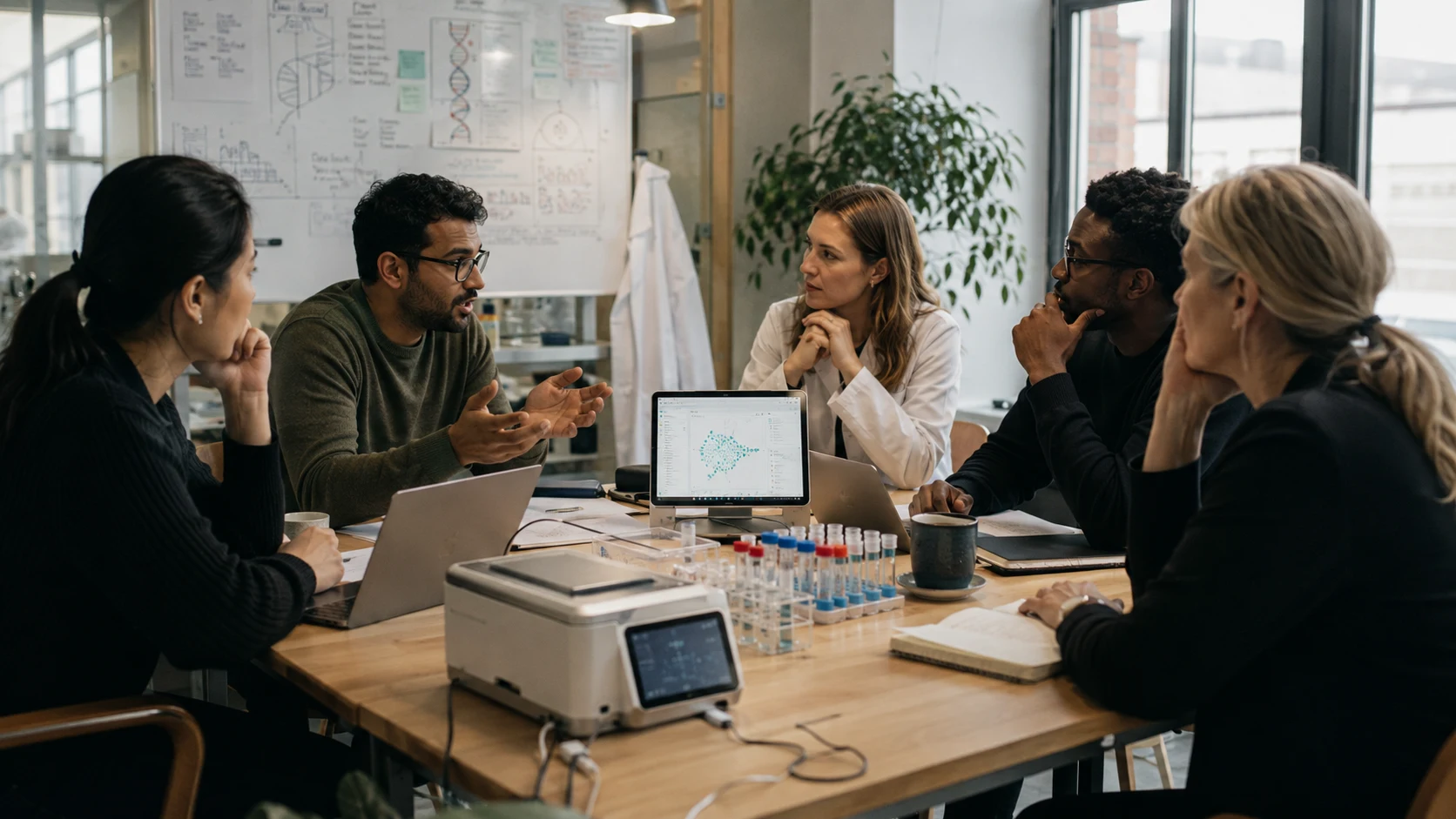 A genomics research team in discussion, planning the next stage of a project.
