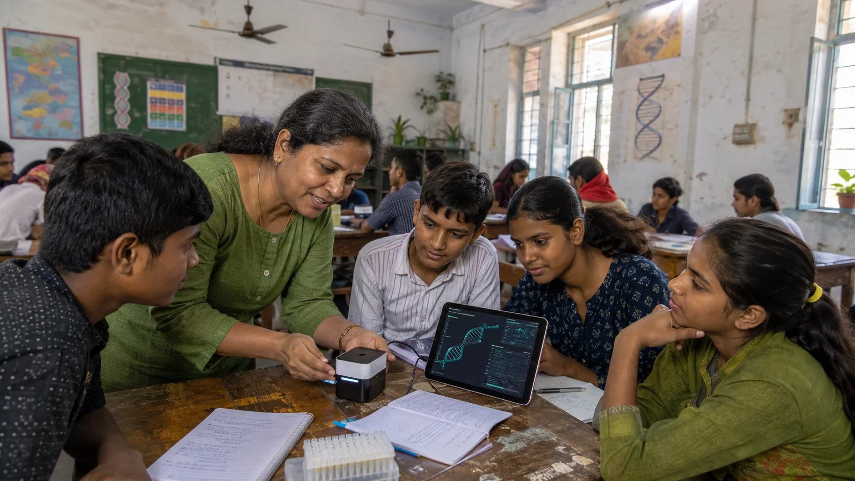Students in a classroom in India learning about genomics.