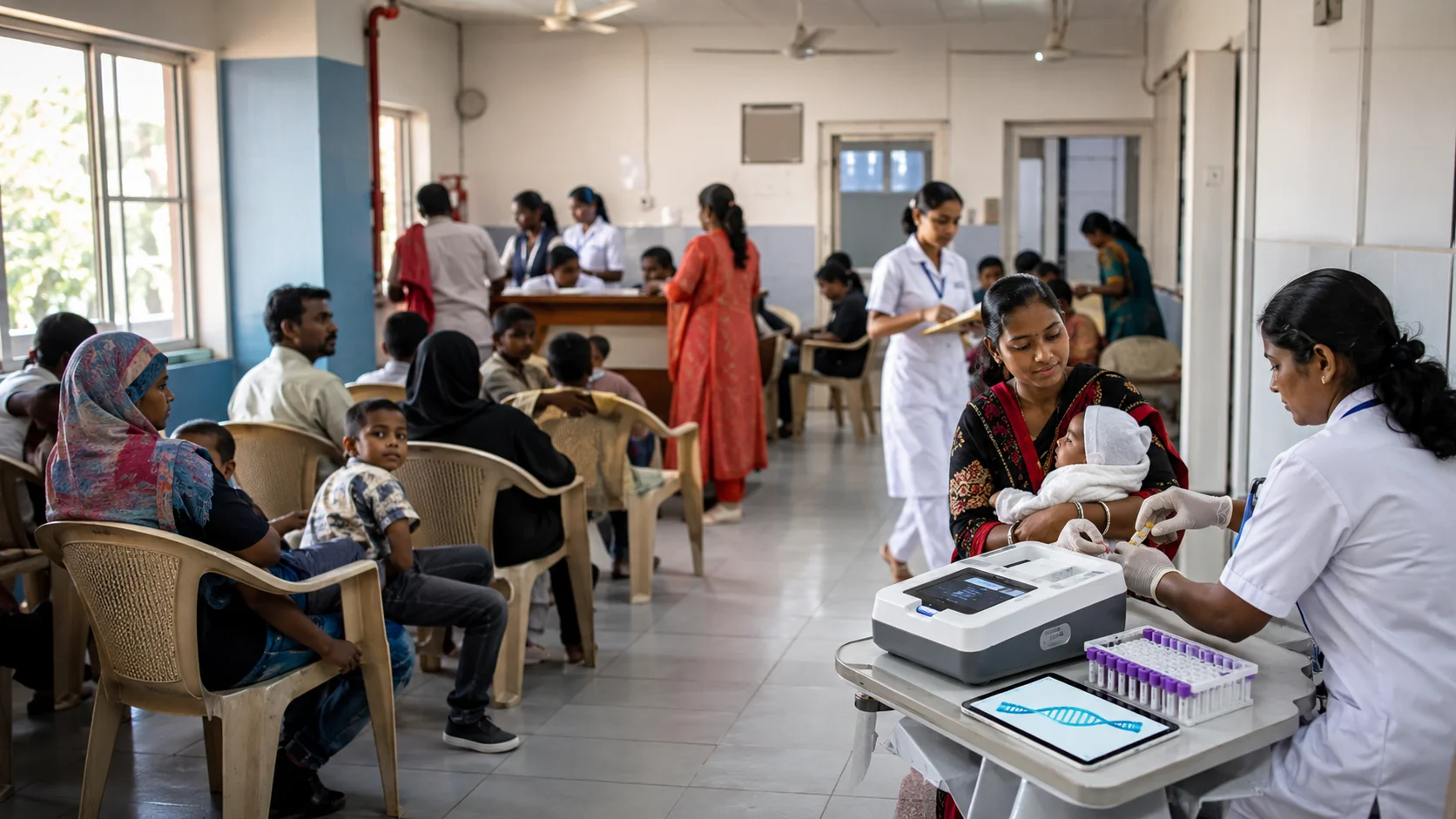 A clinician performing genomic testing on an infant at a clinic in India.