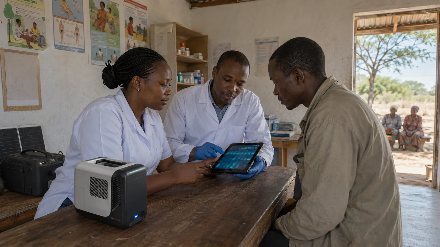 A clinician reviewing genomic sequencing results with a patient at a rural clinic.