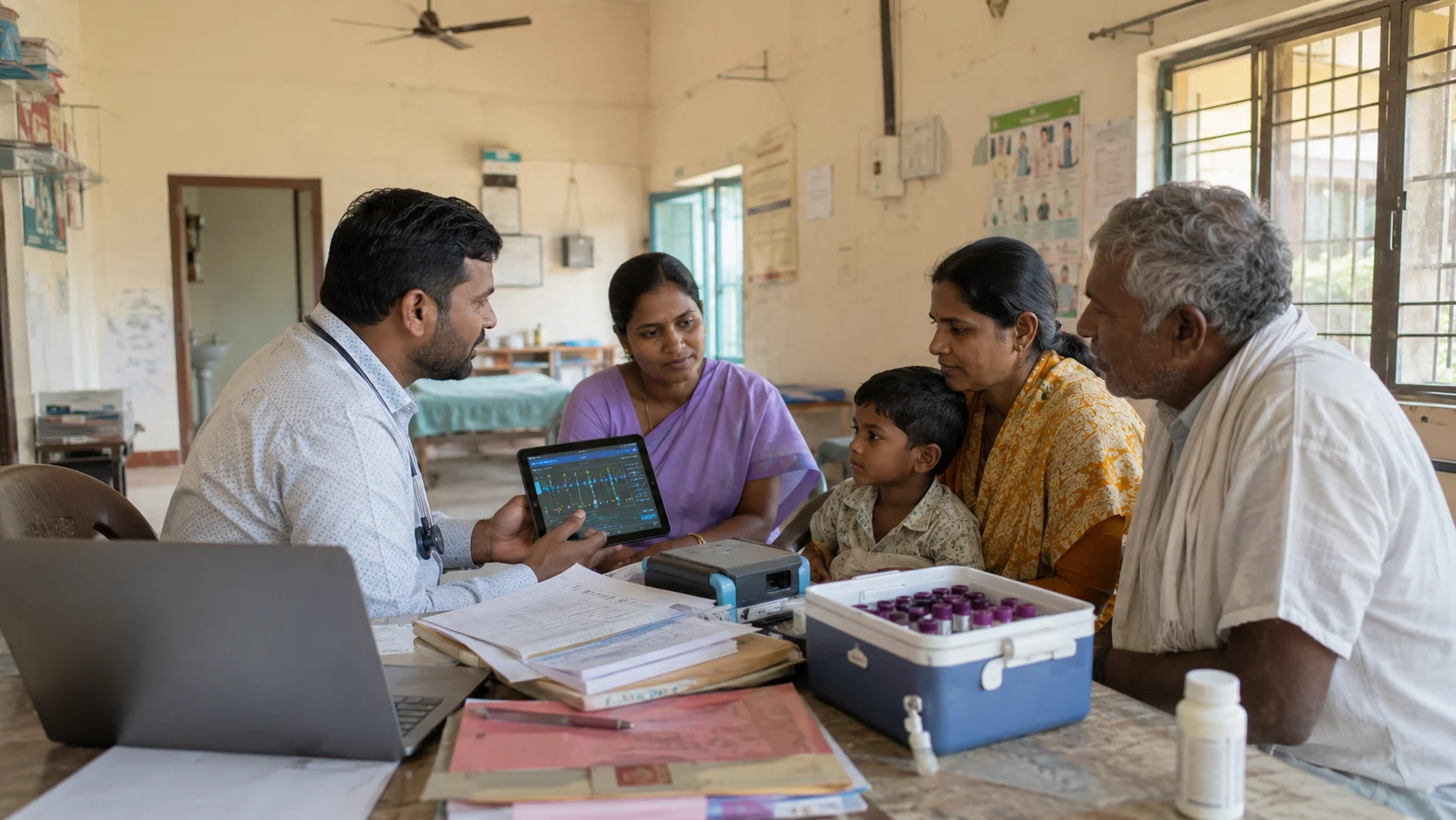 A patient consulting with a doctor about genomic test results at a rural clinic in India.