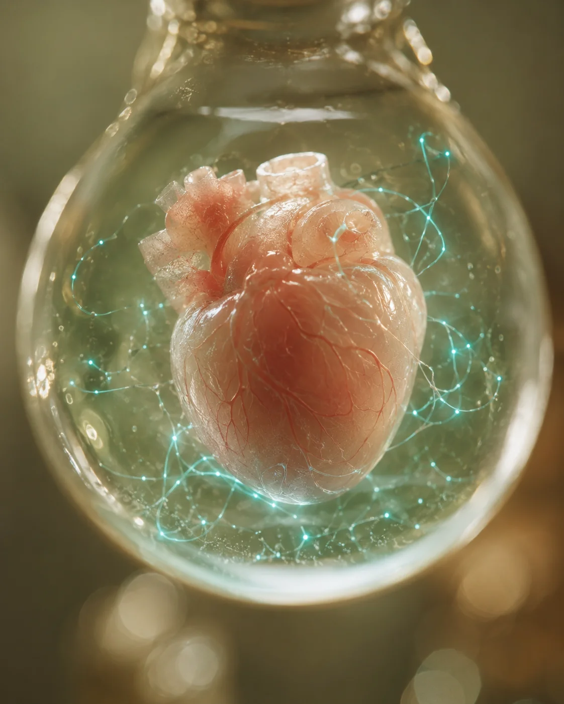 A human heart suspended in a glass flask, surrounded by a glowing network of light