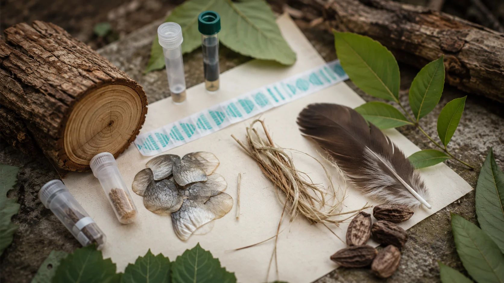A flatlay of conservation genomics fieldwork samples: vials, seeds and a feather