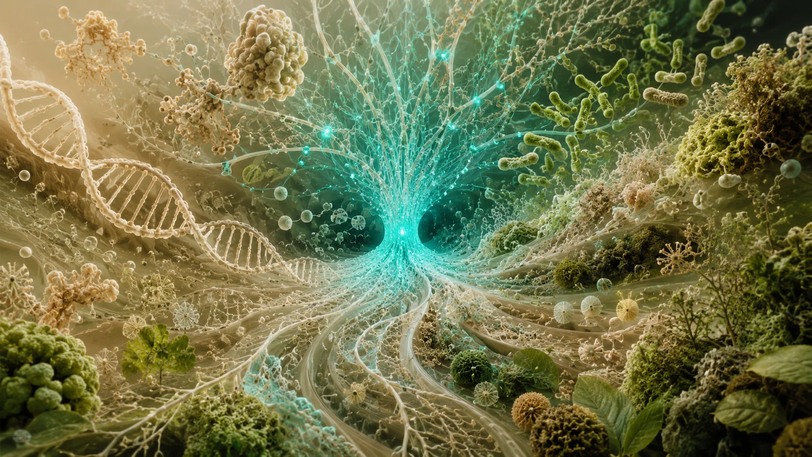 An abstract glowing network of DNA strands radiating into biodiversity
