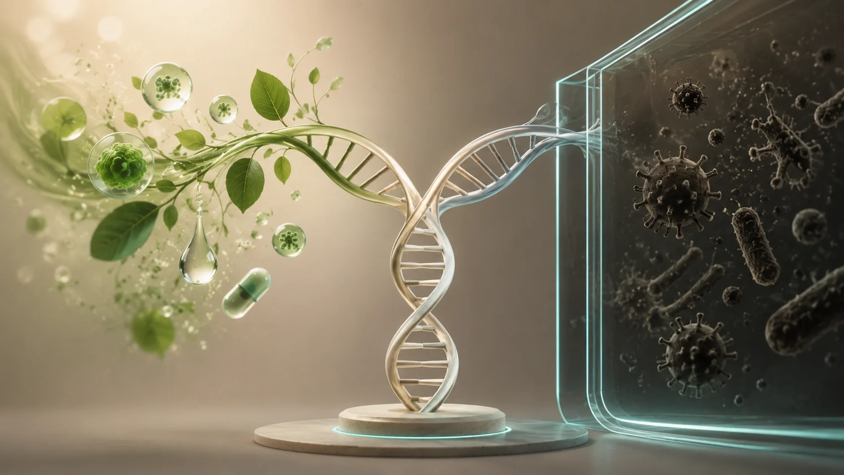 A DNA helix bridging plants and medicine on one side, pathogens on the other