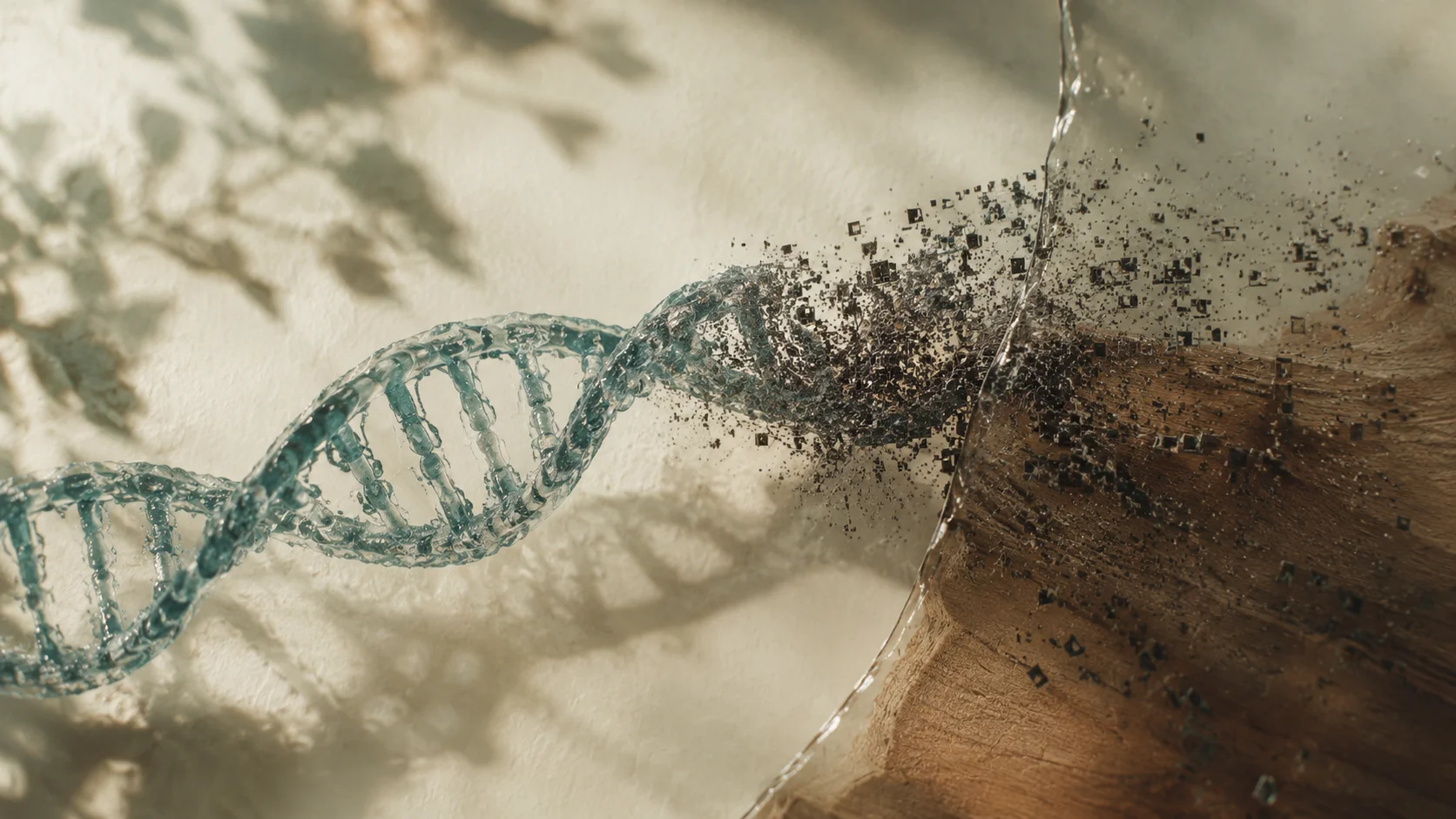 A glass DNA helix breaking apart into scattering data particles