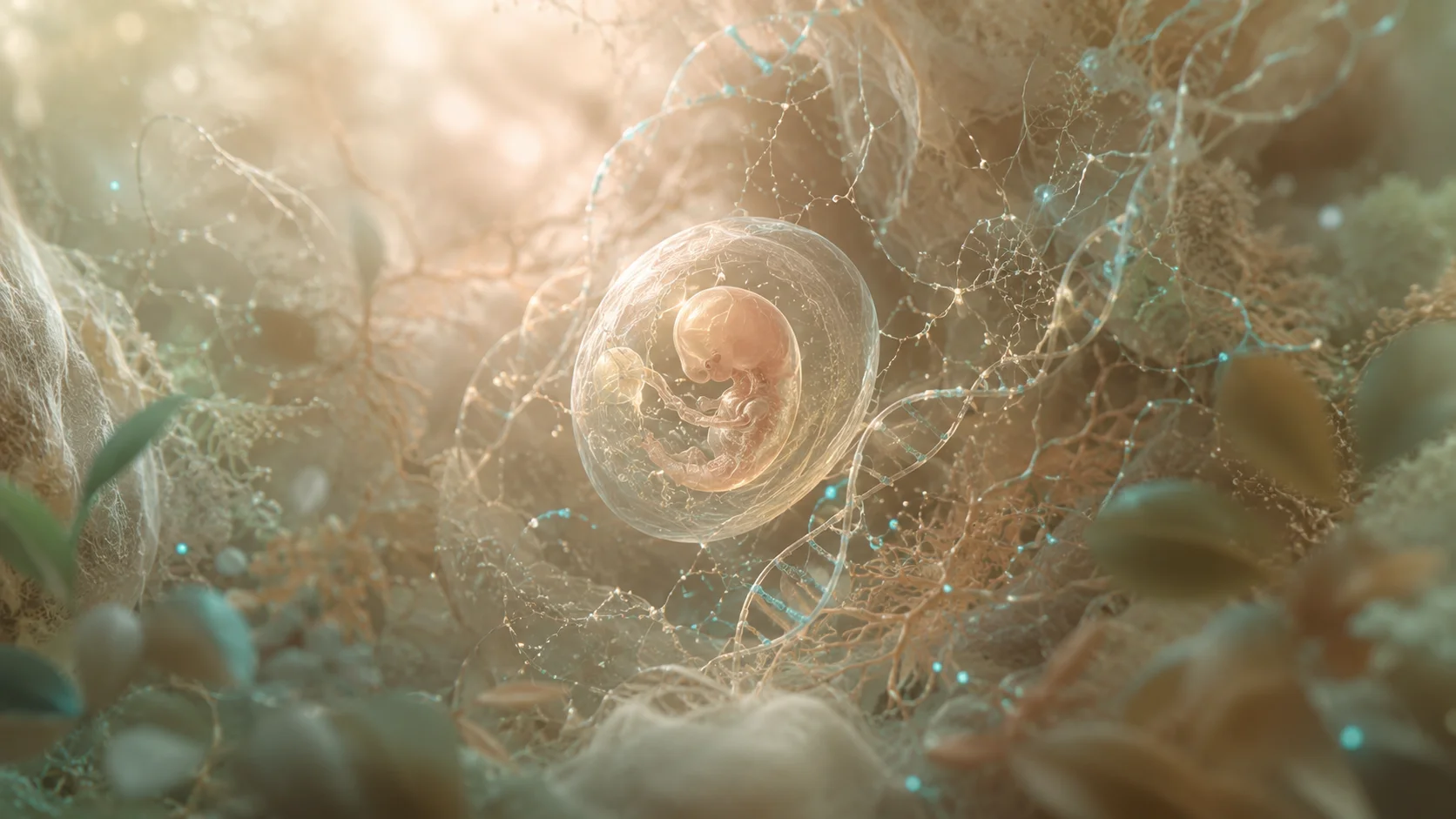 An early-stage embryo within a translucent orb, surrounded by glowing DNA strands