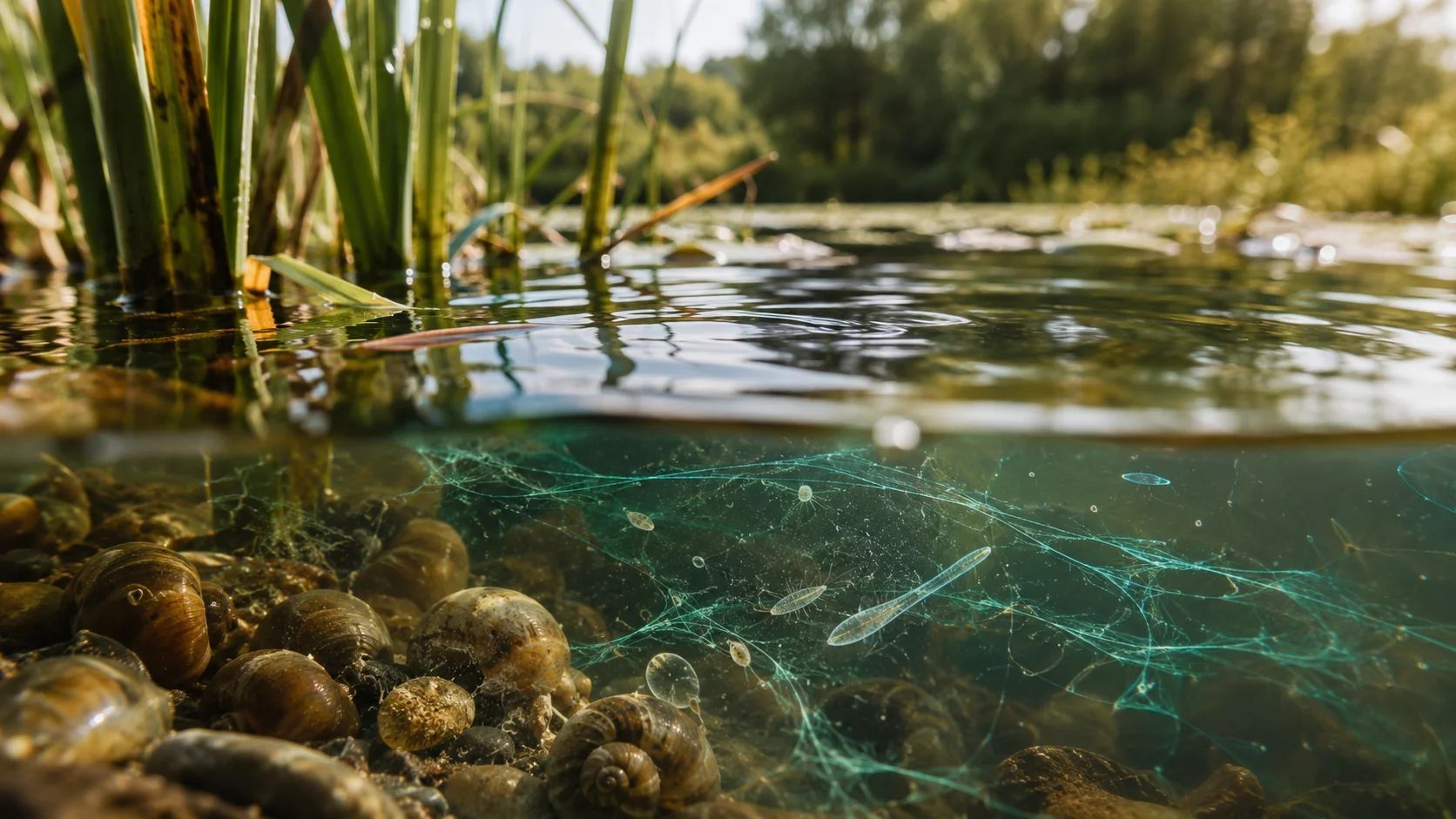A split view of a freshwater pond, with glowing environmental DNA traces suspended underwater