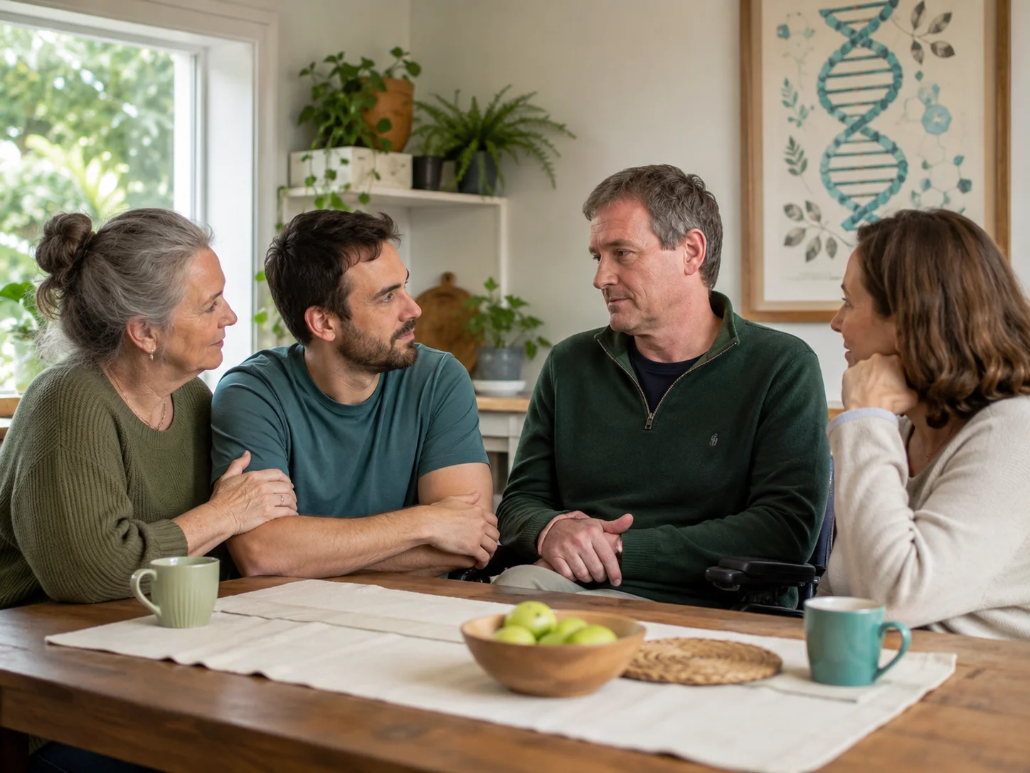 A family in conversation around a kitchen table, DNA-motif artwork on the wall