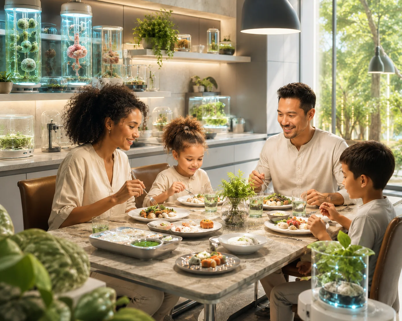 A family eating together in a kitchen with jars of lab-grown food on the shelves