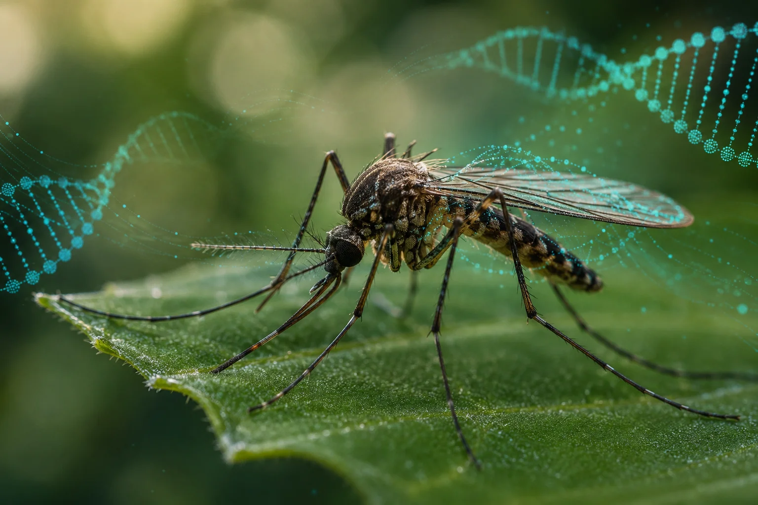 A mosquito on a leaf overlaid with a glowing DNA helix