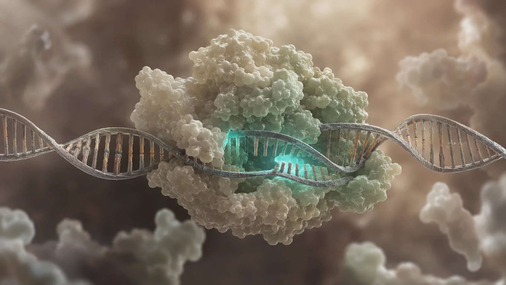 A glowing protein complex wrapped around and cutting into a DNA double helix