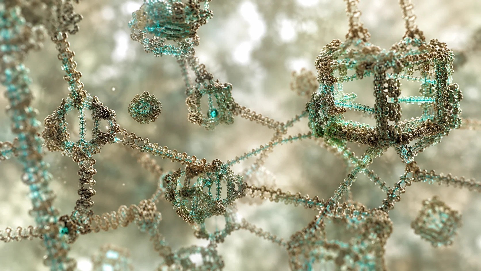 A macro close-up of a beaded lattice resembling a genomic data network