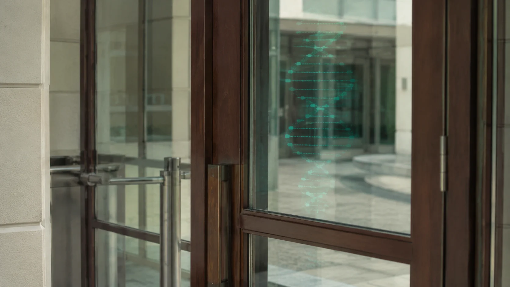 Glass office entrance with a translucent DNA helix reflected in the doors