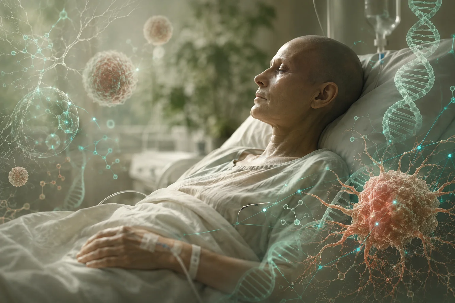 A cancer patient in a hospital bed, overlaid with glowing cell and DNA graphics