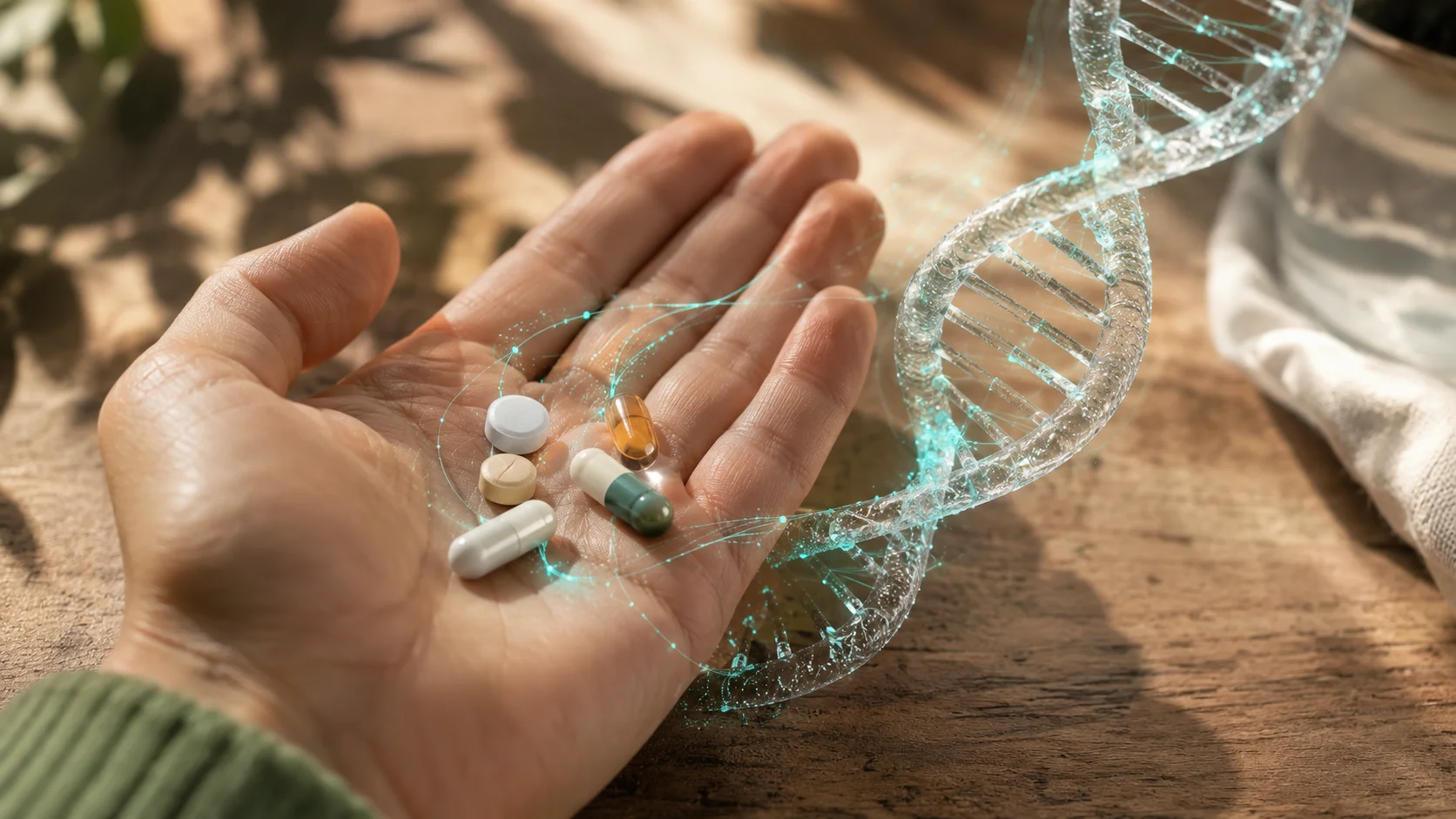 A hand holding medication tablets, with a glowing DNA helix overlaid beside it
