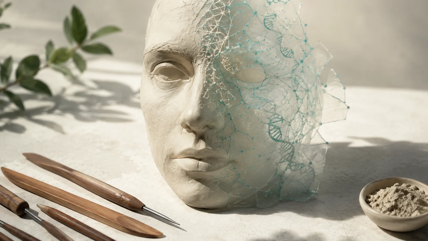 A sculpted clay head, half overlaid with a glowing DNA network