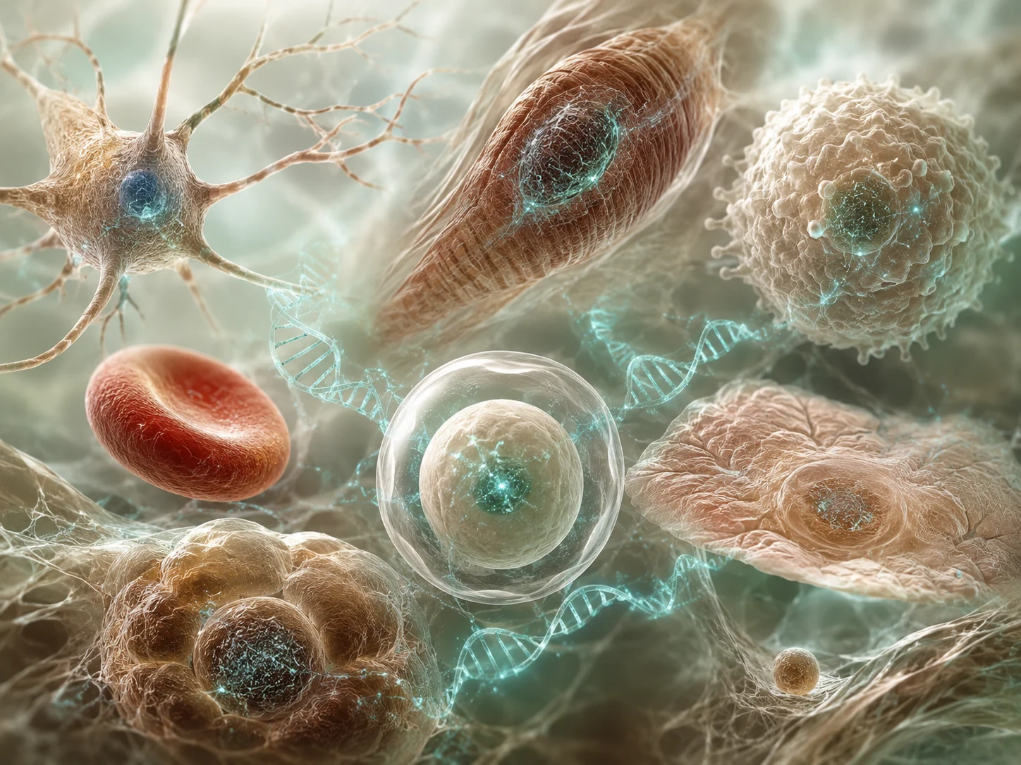 A stem cell surrounded by the human cell types it can become, linked by DNA strands