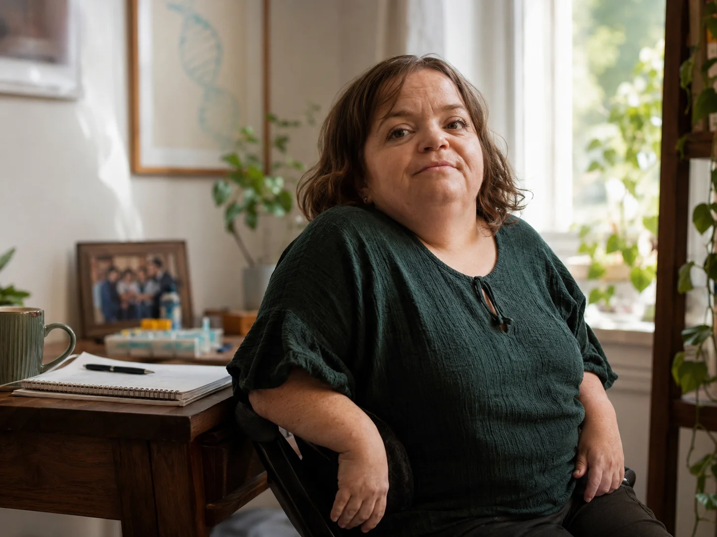 A woman with a limb difference at her home desk, DNA artwork on the wall behind her